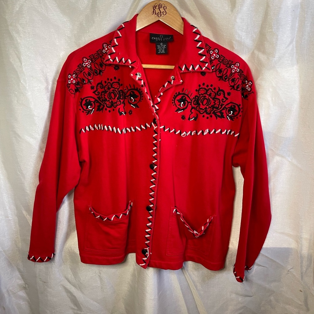 Red Black White Beaded Floral Paisley Western Print Long Sleeve Cardigan Sweater